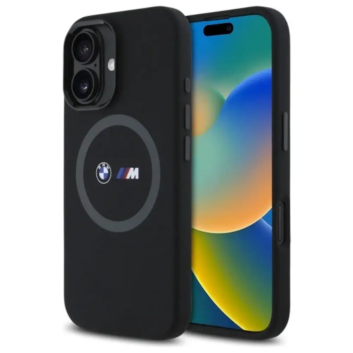 Силиконов калъф MagSafe за iPhone 16 BMW M с щампа - черен