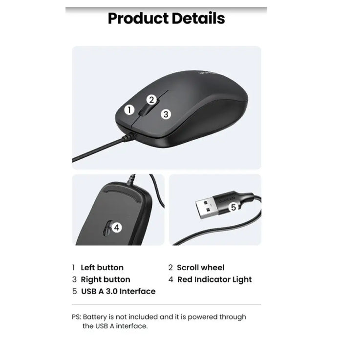 КОМПЮТЪРНА МИШКА С ДЪЛЖИНА НА КАБЕЛА 1.5m MU007 UGREEN