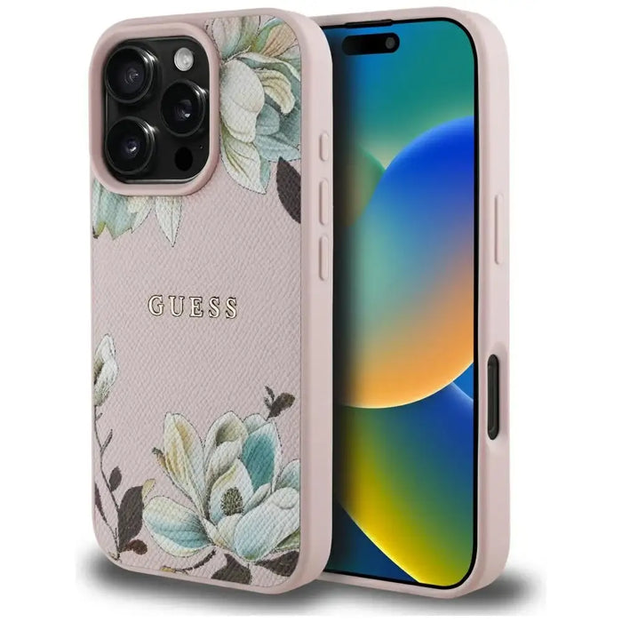 Калъф MagSafe с отпечатан мотив на цветя Guess за iPhone 16