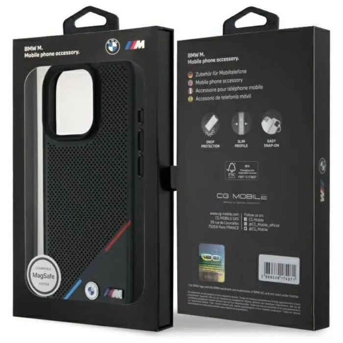 Перфориран калъф BMW M Tricolor Line MagSafe за iPhone 16