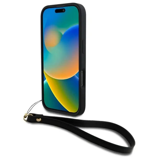 Калъф за iPhone 16 Pro с лого на DKNY за китка - черен