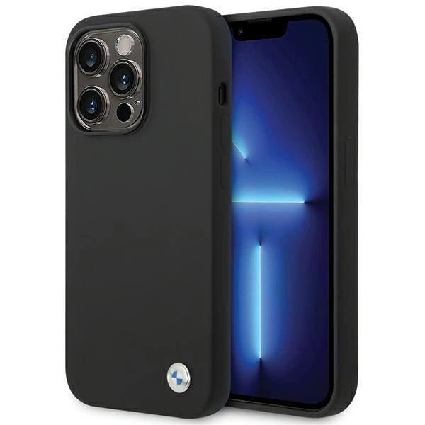 Силиконов калъф с метално лого на BMW iPhone 15 Pro Max - черен