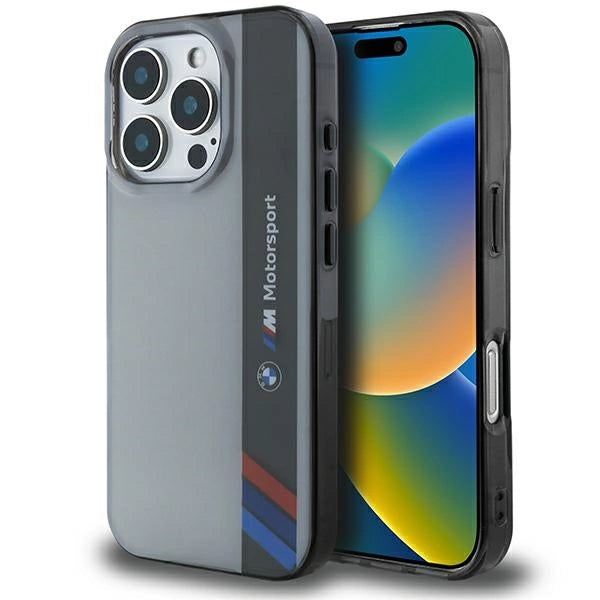 Калъф BMW Motosport IML Vertical Stripe iPhone 16 Pro - сив