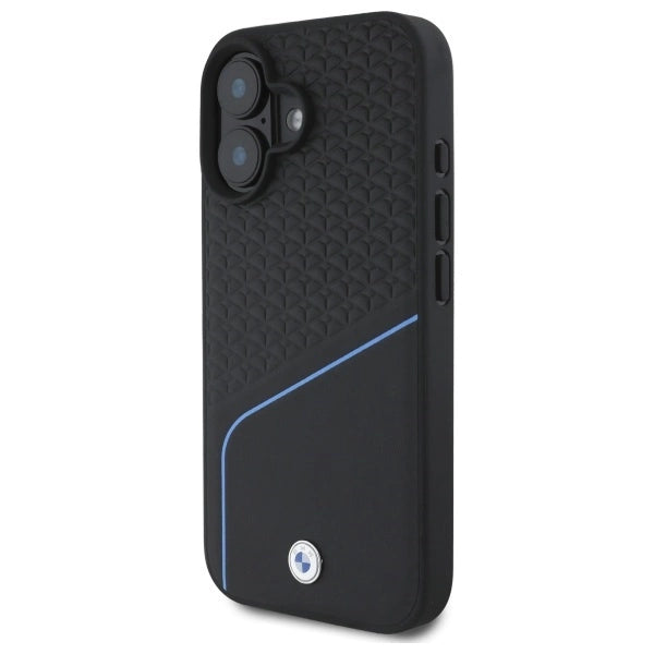 Калъф MagSafe за iPhone 16 с кожена текстура и линия с знак BMW - черен