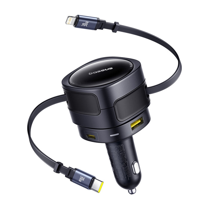 Зарядно за кола Baseus Enjoyment Max с USB-C+Lightning кабели и USB-A+USB-C портове 90W Черно
