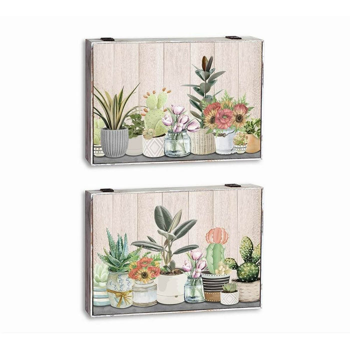 Декоративна кутия DKD Home Decor Зелен Бежов Дървен MDF Саксия Растение Счетоводител (2 броя)