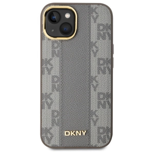 DKNY кожен кариран мономонен калъф MagSafe за iPhone 15 Plus - бежов