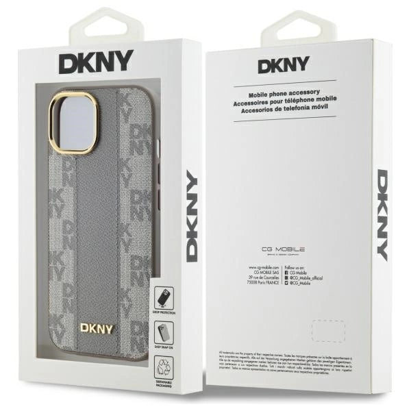 DKNY кожен кариран мономонен калъф MagSafe за iPhone 15 Plus - бежов