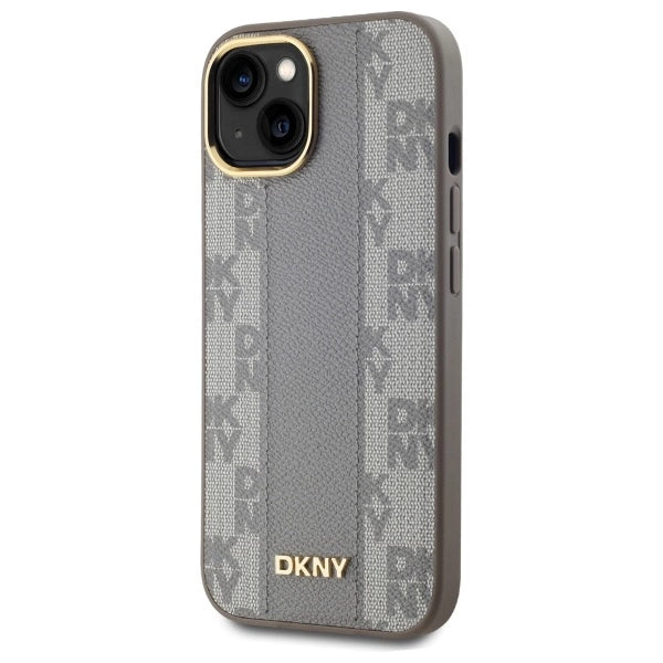 DKNY кожен кариран мономонен калъф MagSafe за iPhone 15 Plus - бежов