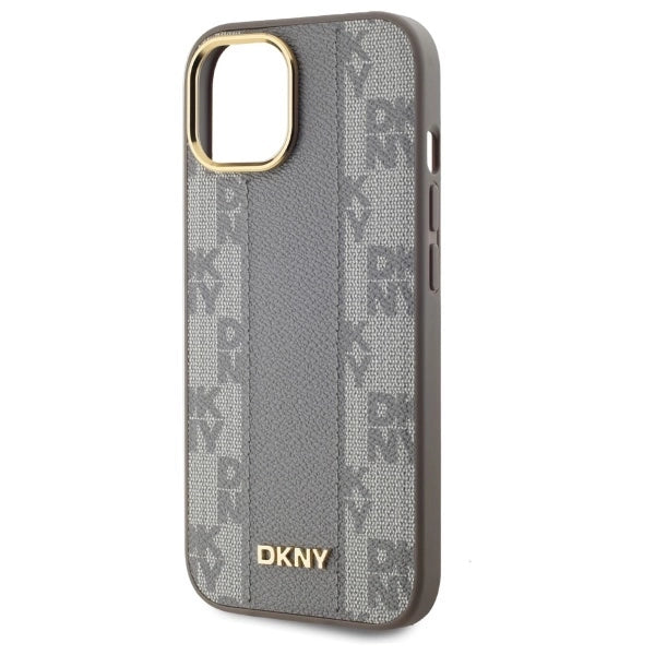 DKNY кожен кариран мономонен калъф MagSafe за iPhone 15 Plus - бежов