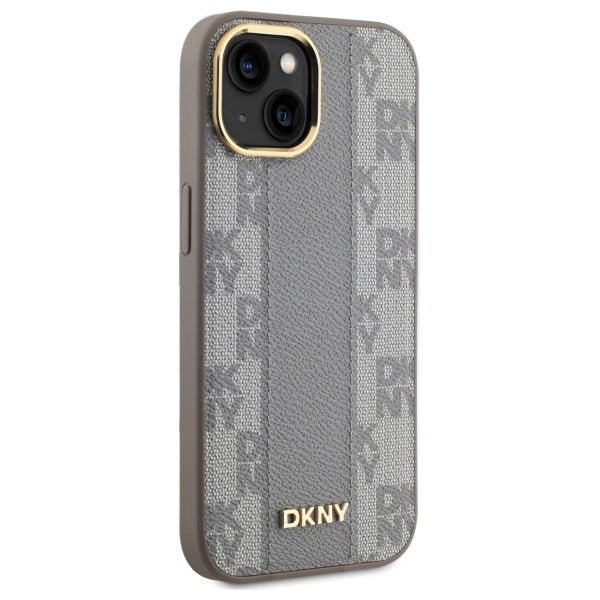 DKNY кожен кариран мономонен калъф MagSafe за iPhone 15 Plus - бежов