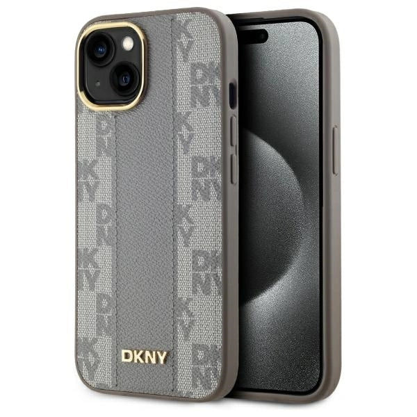 DKNY кожен кариран мономонен калъф MagSafe за iPhone 15 Plus - бежов