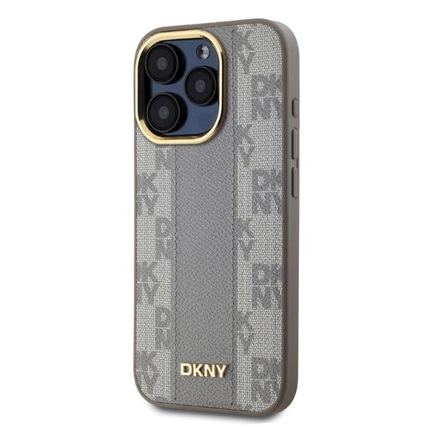 DKNY кожен кариран мономонен калъф MagSafe за iPhone 15 Pro Max - бежов