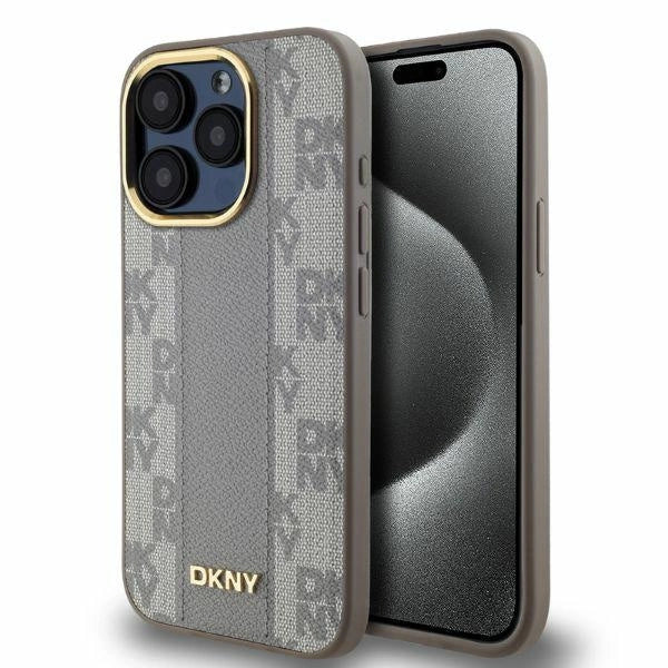 DKNY кожен кариран мономонен калъф MagSafe за iPhone 15 Pro Max - бежов