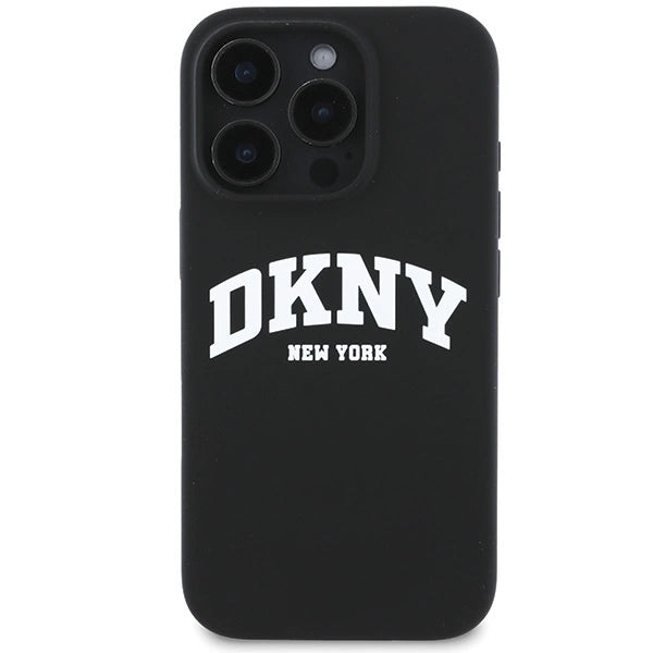 DKNY Силиконов бял щампован лого MagSafe Калъф за iPhone 16 Pro - черен