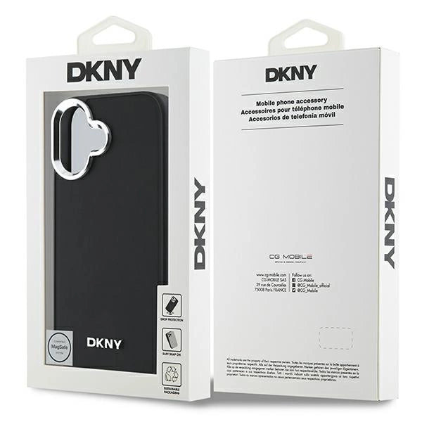 Калъф DKNY Plain Silver Logo MagSafe за iPhone 16 - черен