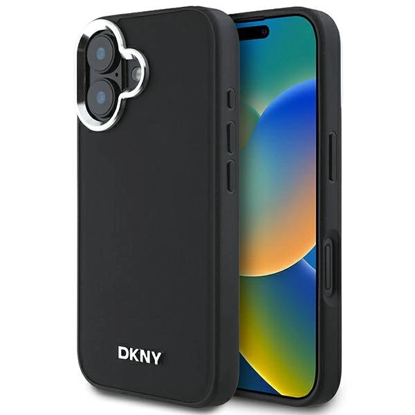 Калъф DKNY Plain Silver Logo MagSafe за iPhone 16 - черен