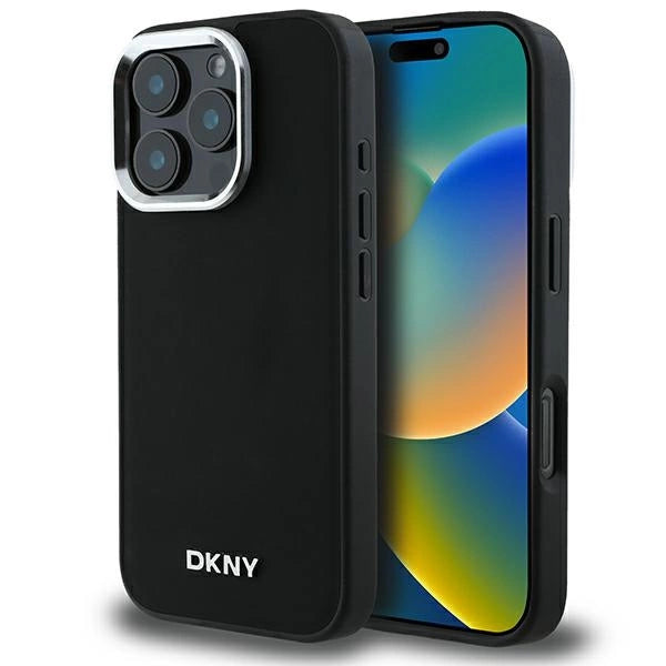 Калъф DKNY Plain Silver Logo MagSafe за iPhone 16 Pro Max - черен