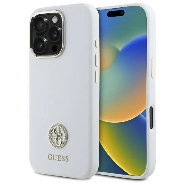 Силиконов кейс Guess Logo Strass 4G за iPhone 16 Pro Max - бял