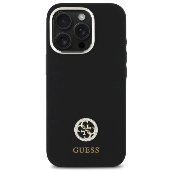 Силиконов кейс Guess Logo Strass 4G за iPhone 16 Pro Max - черен