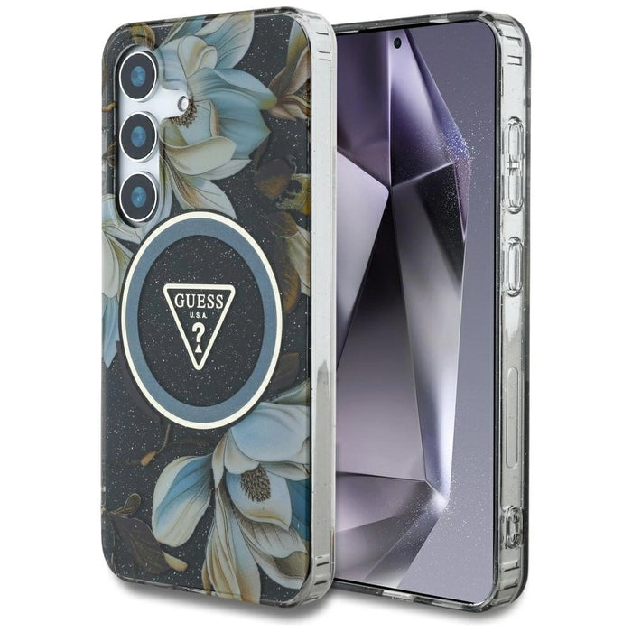 Калъф Guess Glitter Flowers Triangle Buttons MagSafe за Samsung Galaxy S25 черен