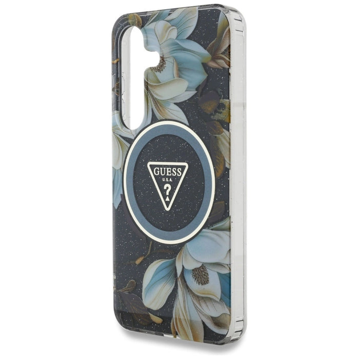 Калъф Guess Glitter Flowers Triangle Buttons MagSafe за Samsung Galaxy S25 черен