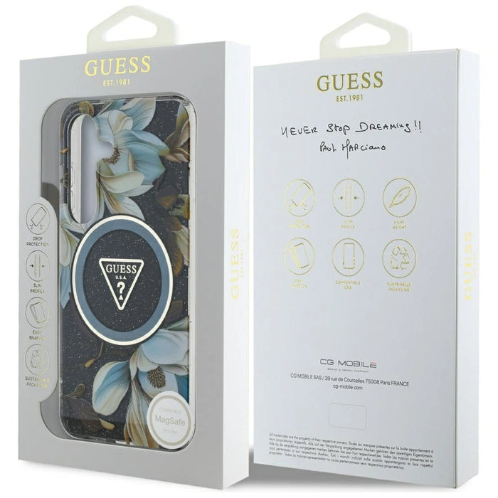 Калъф Guess Glitter Flowers Triangle Buttons MagSafe за Samsung Galaxy S25 черен