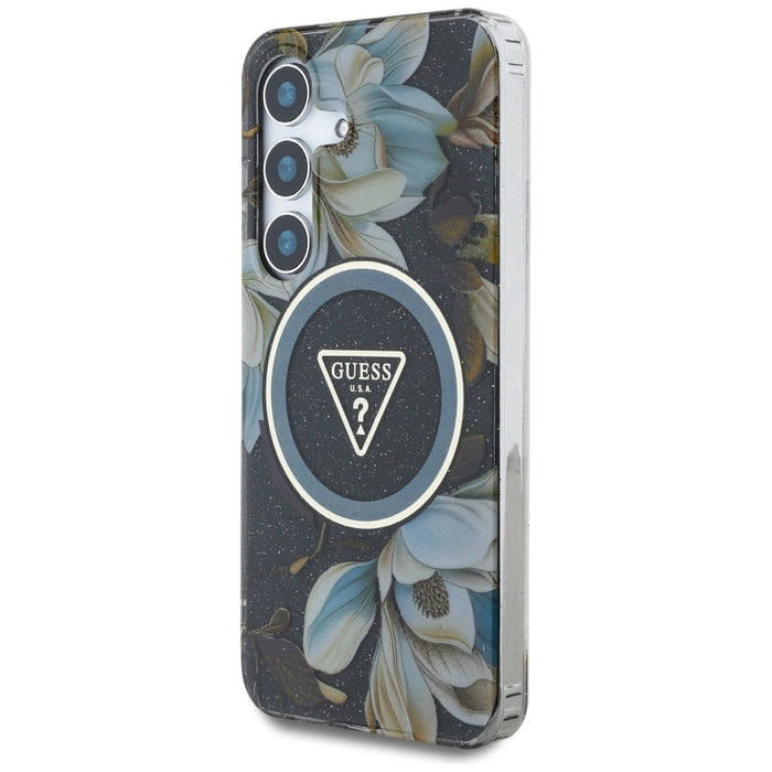 Калъф Guess Glitter Flowers Triangle Buttons MagSafe за Samsung Galaxy S25 черен