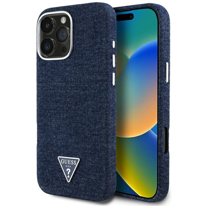 Калъф Guess Denim Triangle Logo MagSafe за iPhone 16 Pro Max - син