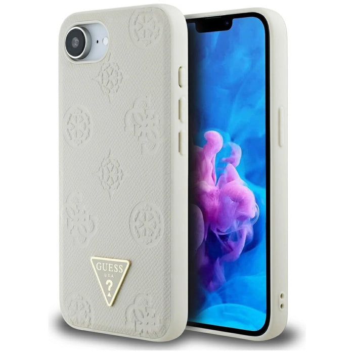 Калъф Guess Grained Hot Stamp Peony Triangle Logo MagSafe за iPhone 16e - бежов