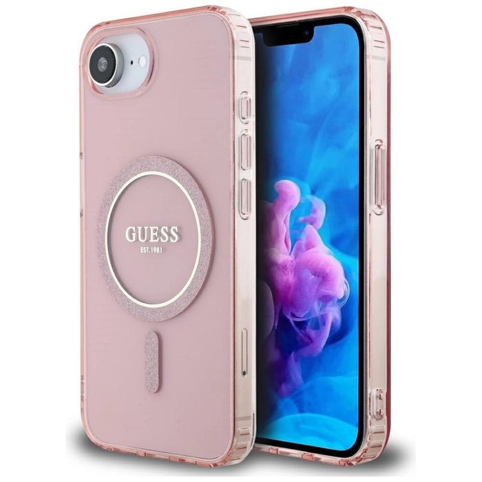 Калъф Guess IML Glitter Circle MagSafe за iPhone 16e - розов