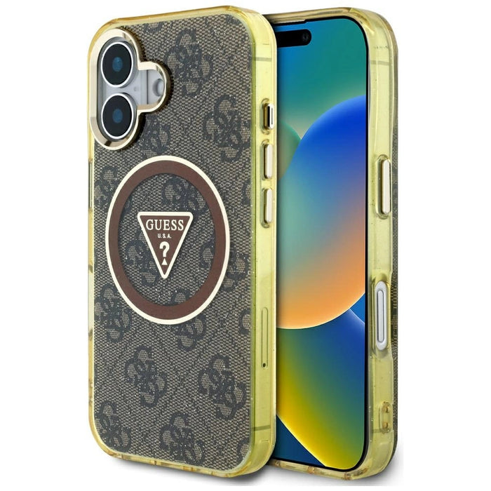 Guess IML Metal Glitter 4G Circle Triangle MagSafe Case за iPhone 16 - кафяв