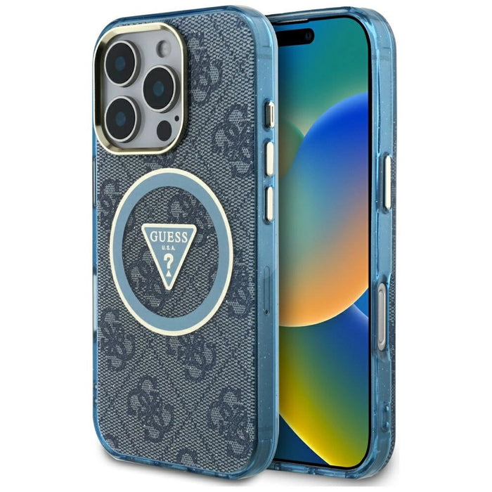 Guess IML Metal Glitter 4G Circle Triangle MagSafe Case за iPhone 16 Pro - син