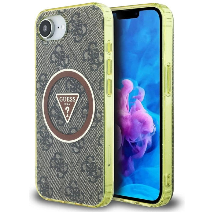 Guess IML Metal Glitter 4G Circle Triangle MagSafe калъф за iPhone 16e - кафяв
