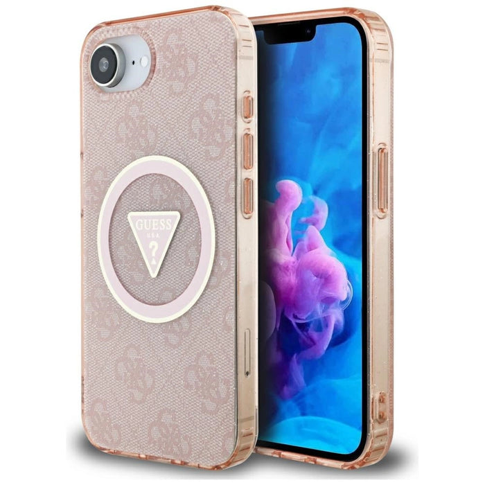 Guess IML Metal Glitter 4G Circle Triangle MagSafe калъф за iPhone 16e - розов