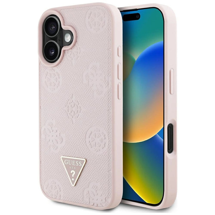 Калъф Guess Grained Hot Stamp Peony Triangle Logo MagSafe за iPhone 16 - розов