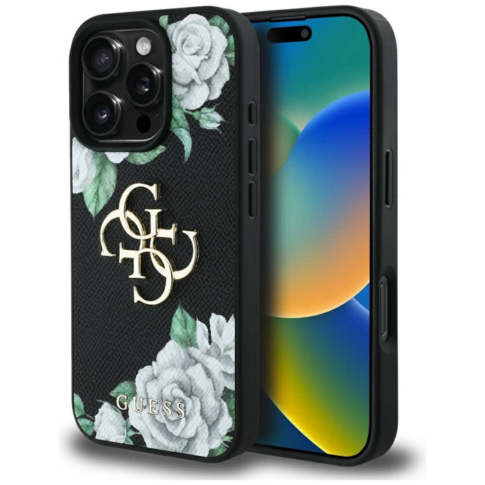Калъф Guess Grained Roses Big 4G logo iPhone 16 Pro - черен