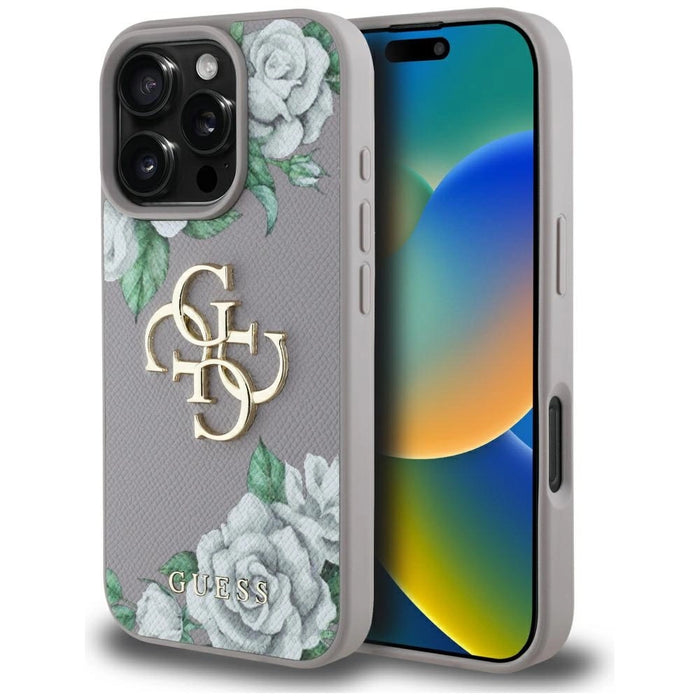 Калъф Guess Grained Roses с голямо 4G лого за iPhone 16 Pro - лилав