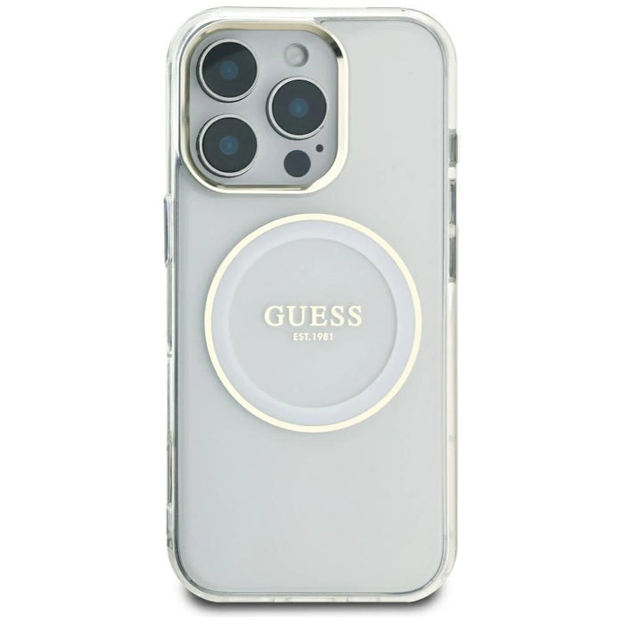 Калъф Guess IML Metal Colored Circle Classic Logo MagSafe за iPhone 16 Pro Max - бял