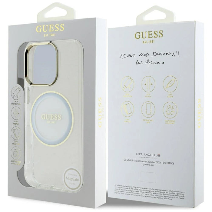 Калъф Guess IML Metal Colored Circle Classic Logo MagSafe за iPhone 16 Pro Max - бял
