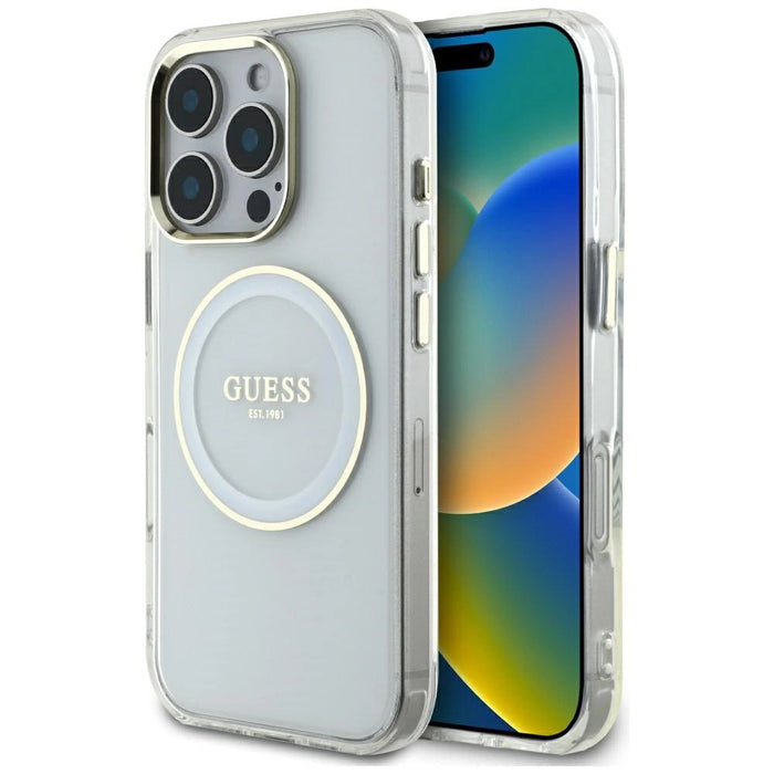 Калъф Guess IML Metal Colored Circle Classic Logo MagSafe за iPhone 16 Pro Max - бял