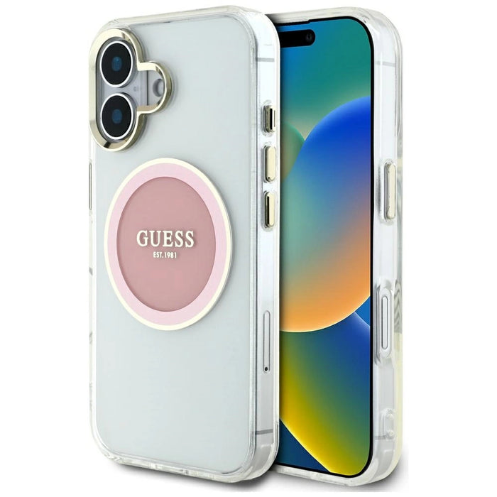 Калъф Guess IML Metal Colored Circle Classic Logo MagSafe iPhone 16 - розов