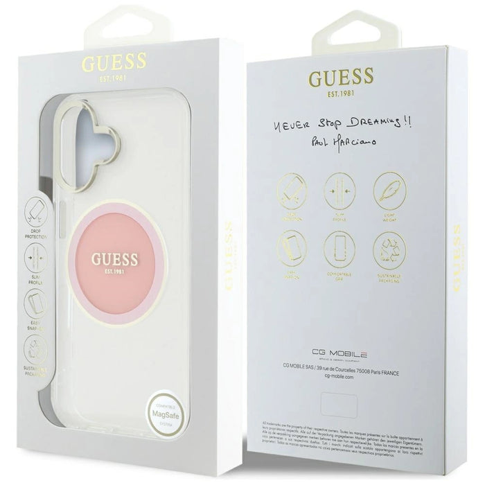 Калъф Guess IML Metal Colored Circle Classic Logo MagSafe iPhone 16 - розов
