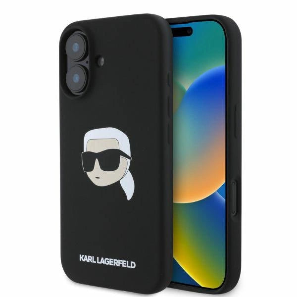 Силиконов калъф MagSafe за iPhone 16 Karl Lagerfeld с принт на главата Karl - черен