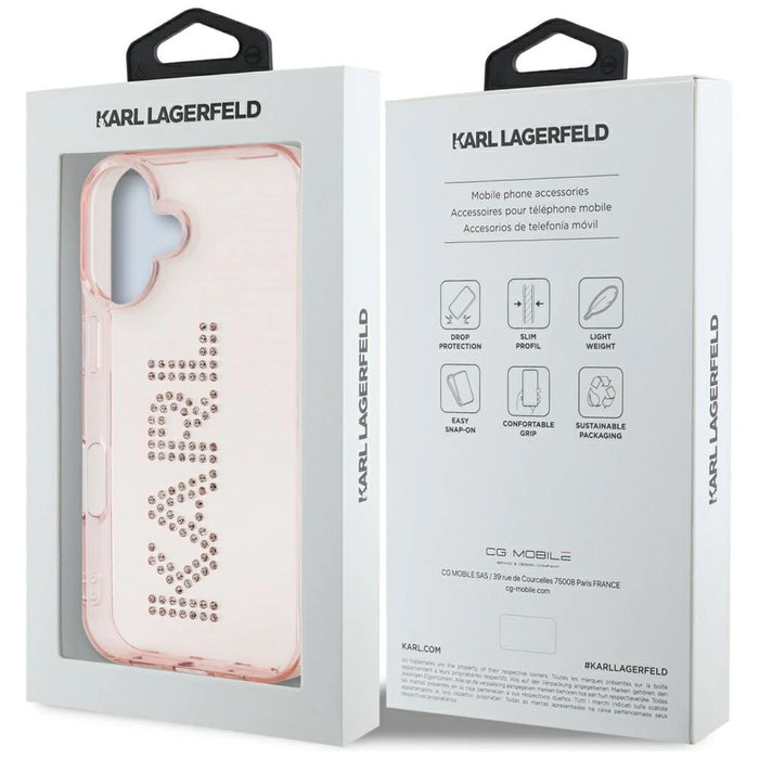 Калъф за iPhone 16 с лого на Karl Lagerfeld IML Rhinestones - розов