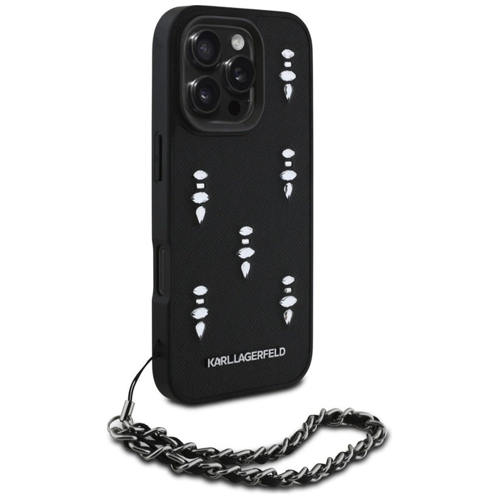 Калъф Karl Lagerfeld Saffiano Crystals с верига за iPhone 16 Pro - черен