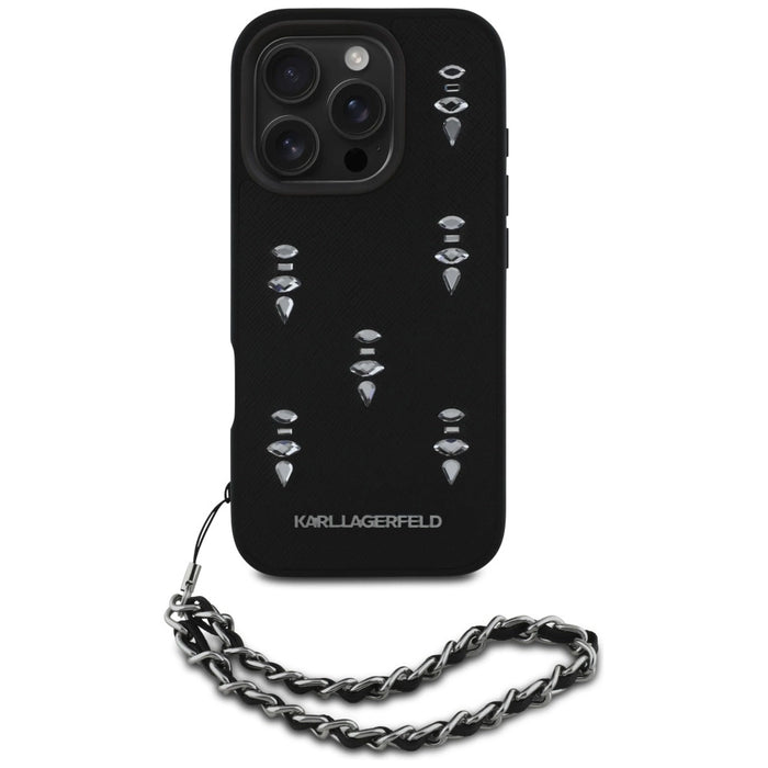 Калъф Karl Lagerfeld Saffiano Crystals с верижка за iPhone 16 Pro Max - черен