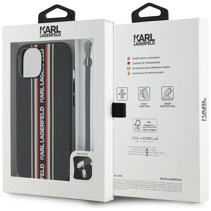 Калъф Karl Lagerfeld Saffiano Athleisure Stripes Cord iPhone 15 - червен
