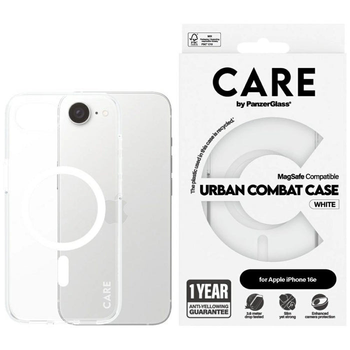 CARE by PanzerGlass Flagship Urban Combat бял MagSafe калъф за iPhone 16e - прозрачен