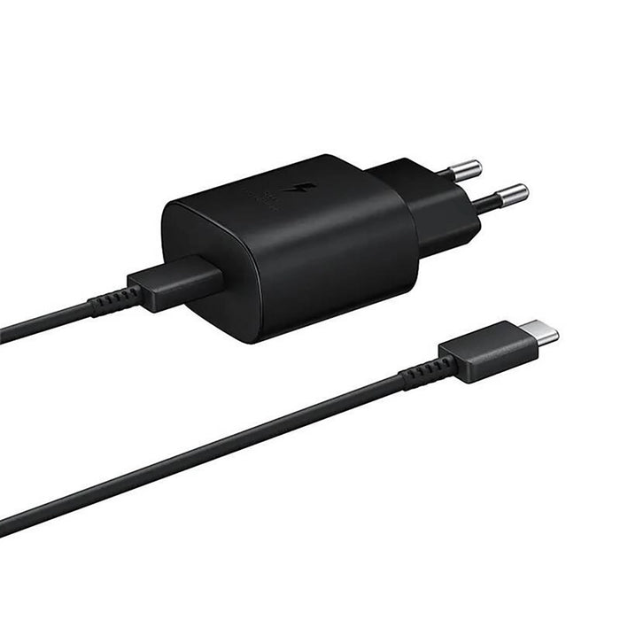 Samsung 25W EP-TA800EBE USB-C стенно зарядно устройство със Samsung EP-DA705BBE USB-C / USB-C кабел Резервен пакет - Черен